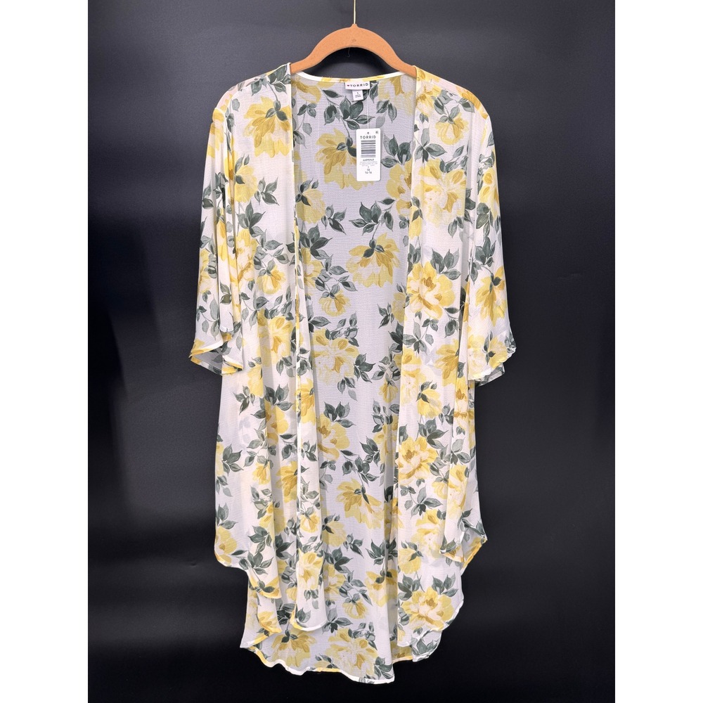 Torrid Kimono Womens 1X Yellow NWT Zelena Floral Textured Chiffon Open Front